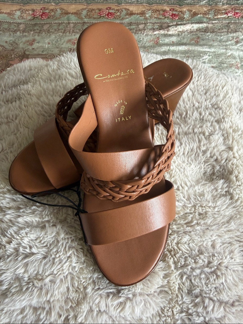 Contesa|Tan Brown Leather Braided Slide Wedge Sandals|Size 9M| GUC